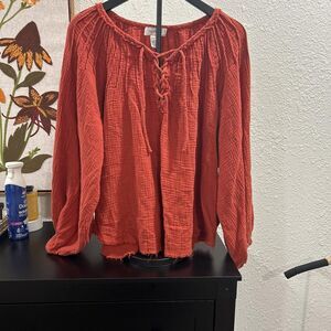 Ces Femme Minimalist Gauze Long Sleeve Top Lace Up Orange BoHo Renaissance